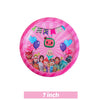 Pink party plate with balloons and characters for a Cocomelon celebration