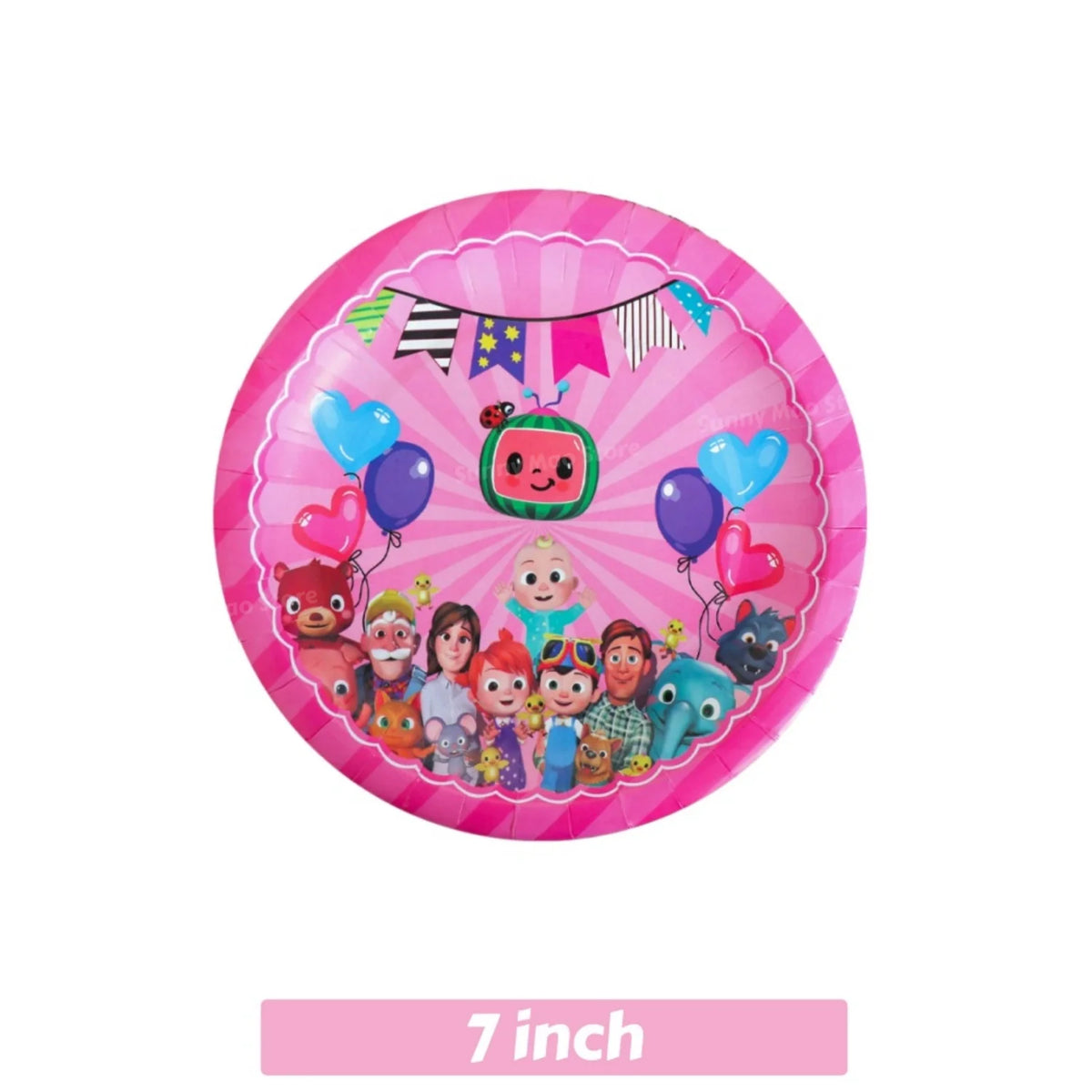 Pink party plate with balloons and characters for a Cocomelon celebration