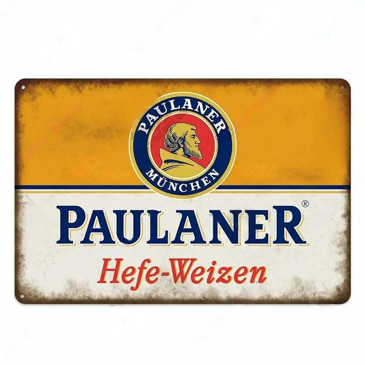 Vintage beer metal sign featuring Paulaner Hefeweizen logo on a yellow and white background