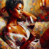 Oil painting of an African American woman with curly hair looking down while holding a glass of red wine.
