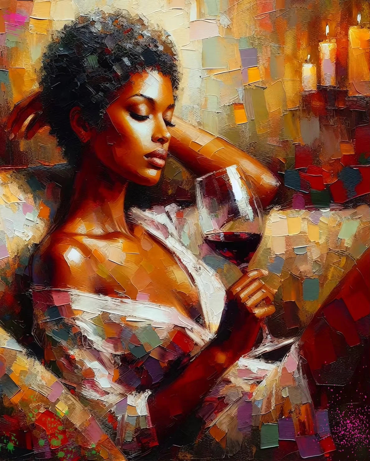 Oil painting of an African American woman with curly hair looking down while holding a glass of red wine.
