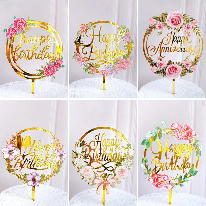 Rose gold acrylic wreath with pink roses and gold lettering for a happy birthday celebration