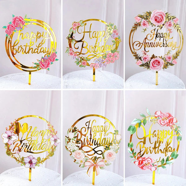 Rose gold acrylic wreath with pink roses and gold lettering for a happy birthday celebration