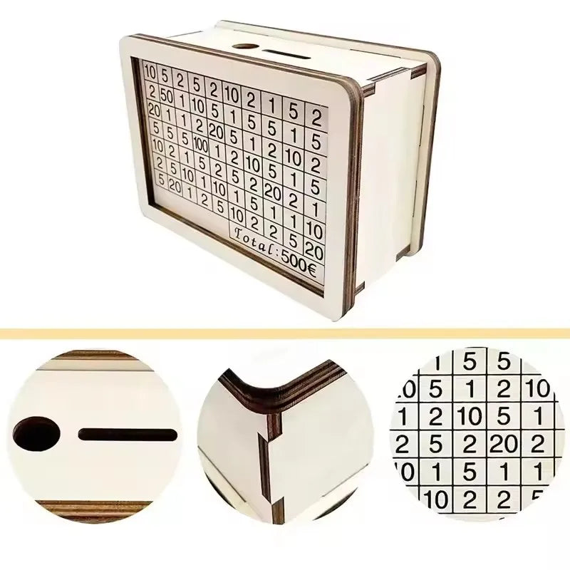 A wooden money saving box with a grid tracker showing saved amounts and goals.