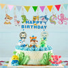 A birthday cake decorated with colorful animal-themed garlands and figurines.