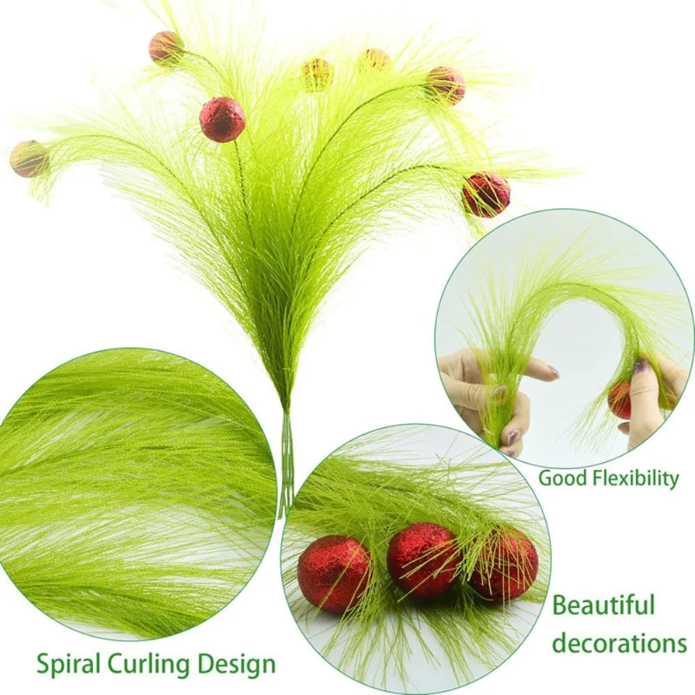 Green ornamental grass decor featuring red berries and a spiral curling design