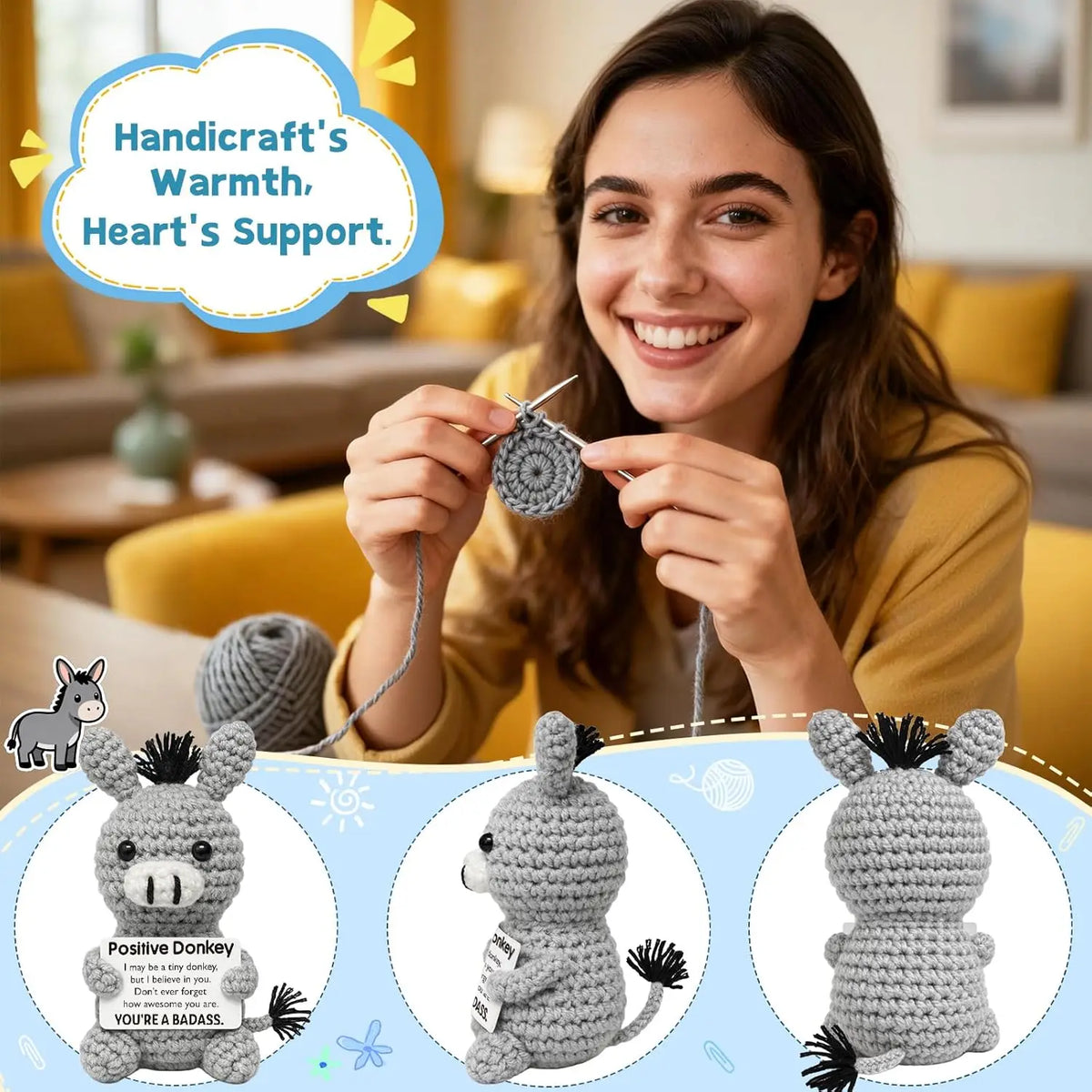 Handmade crochet donkey figurine with an inspirational card, knitted in gray yarn.