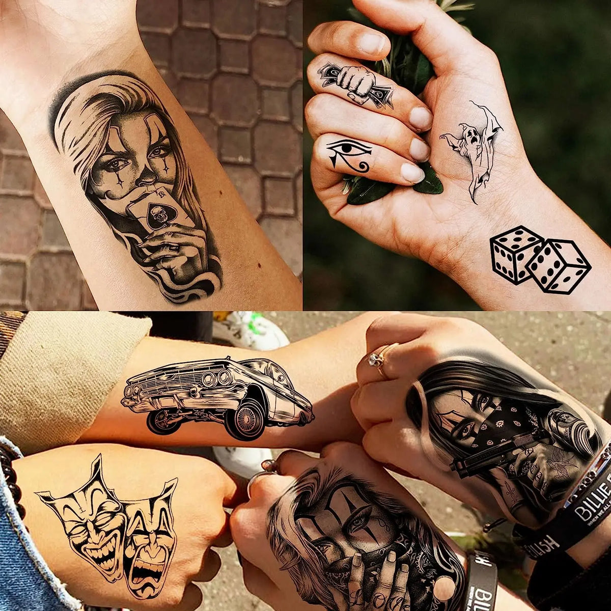 A collection of black and grey chicano temporary tattoos featuring skulls, faces, and vintage cars on a person's arm.