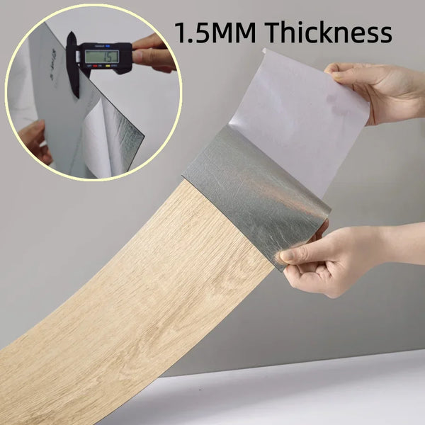 A close-up shows a 1.5mm thick wood grain floor sticker being applied to a surface.