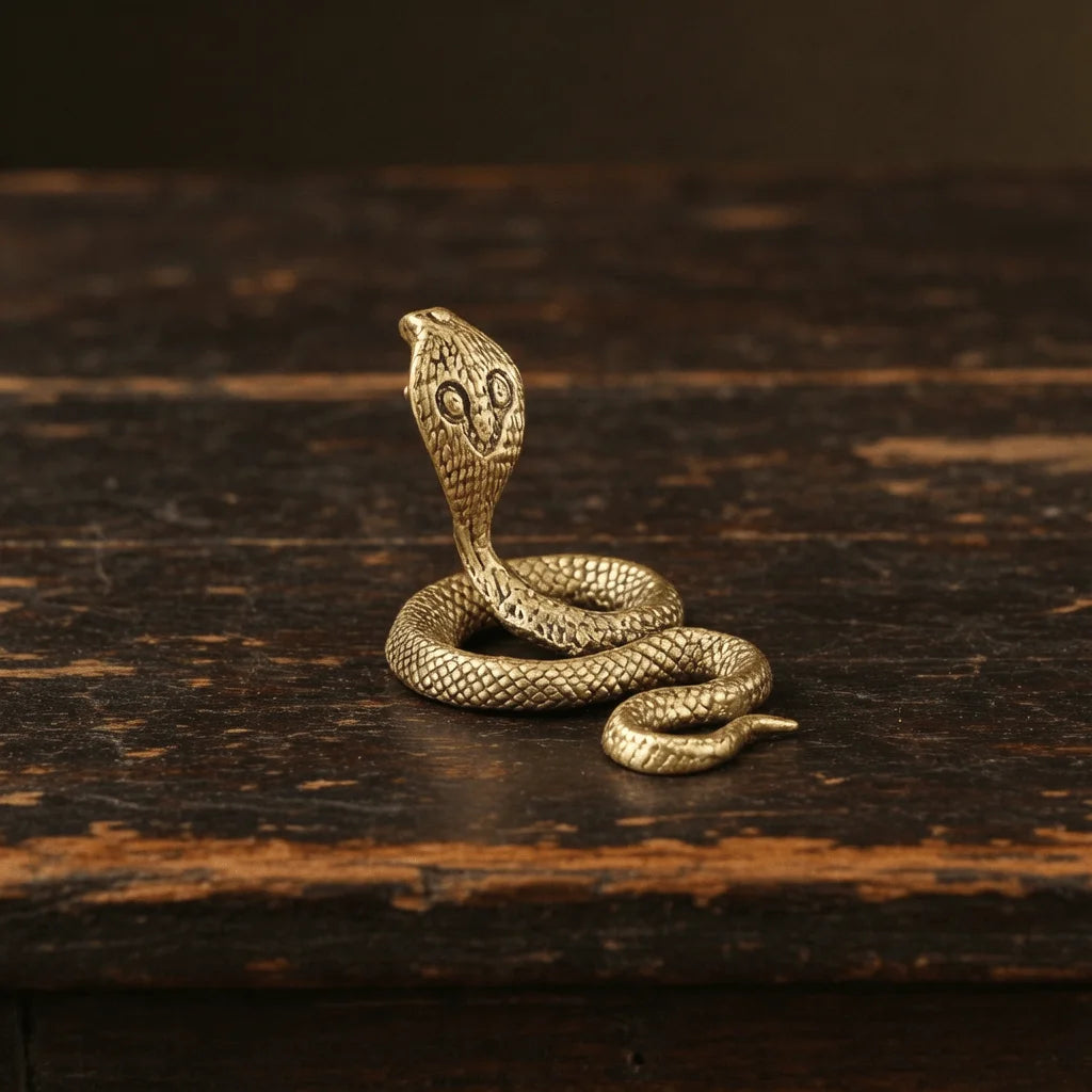 A detailed brass snake sculpture with an Art Deco design resting on a dark wooden surface.