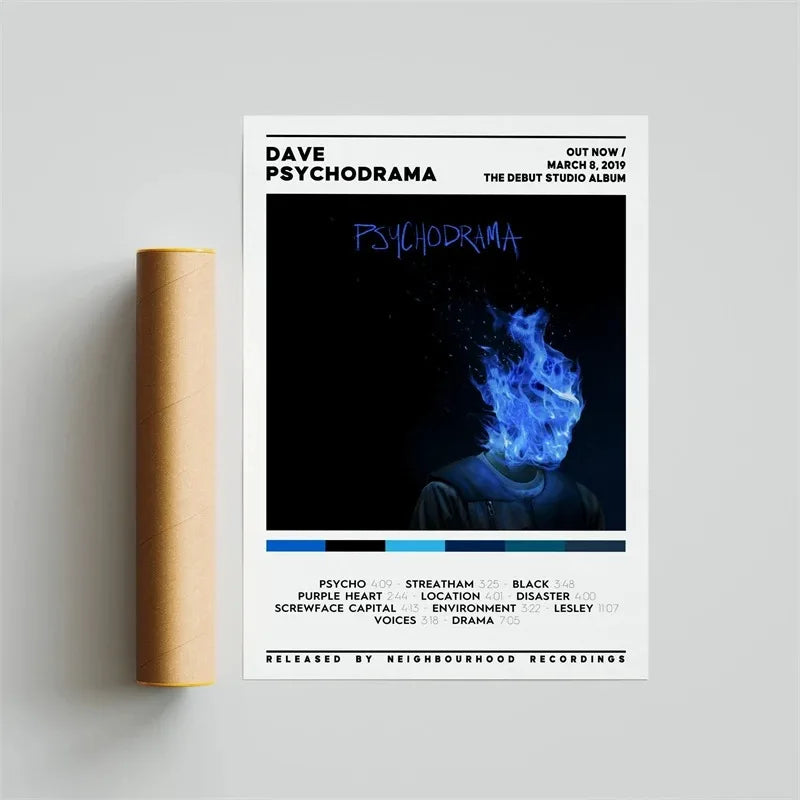 Album cover art for Dave's Psychodrama featuring a dark background and blue flames.