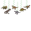 A collection of dinosaur figures hanging from green ribbons, likely for a birthday party decoration kit.