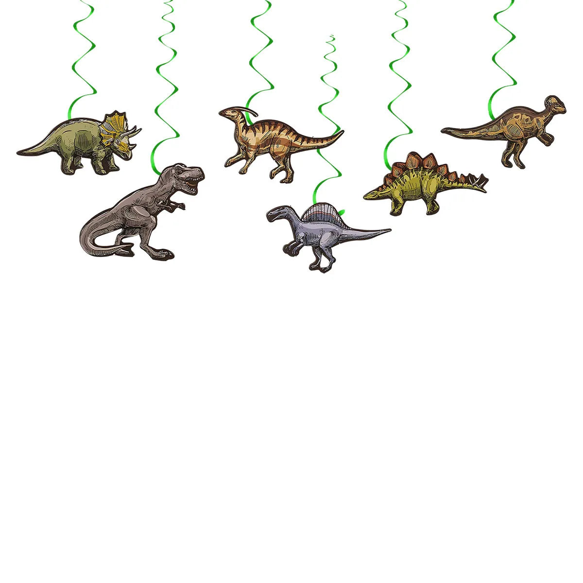 A collection of dinosaur figures hanging from green ribbons, likely for a birthday party decoration kit.