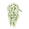 A long, cascading arrangement of white artificial morning glory flowers used for outdoor decor.