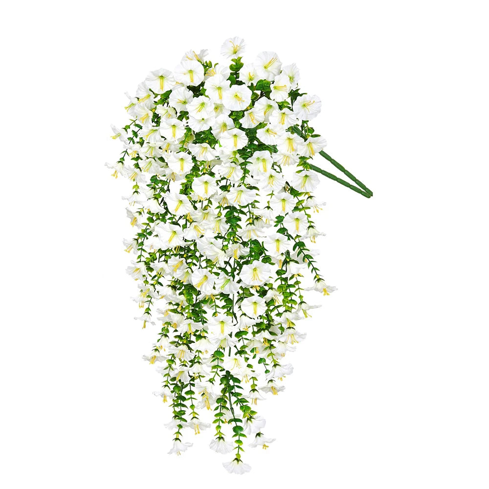 A long, cascading arrangement of white artificial morning glory flowers used for outdoor decor.