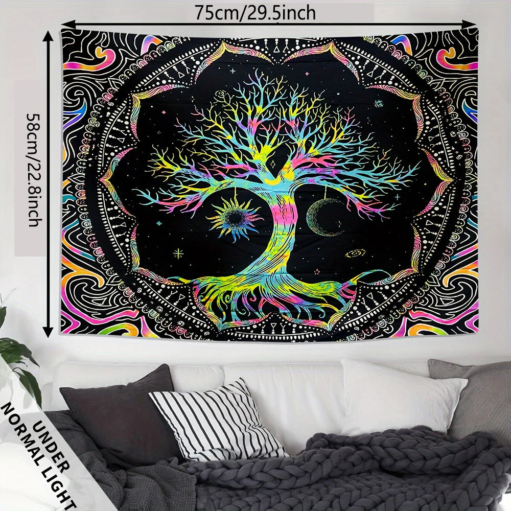 A black tapestry featuring a vibrant tree of life with colorful branches and roots against a cosmic galaxy background.