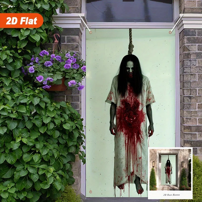 A spooky 2D Halloween door banner featuring a figure with red splatter effects hanging in a doorway.