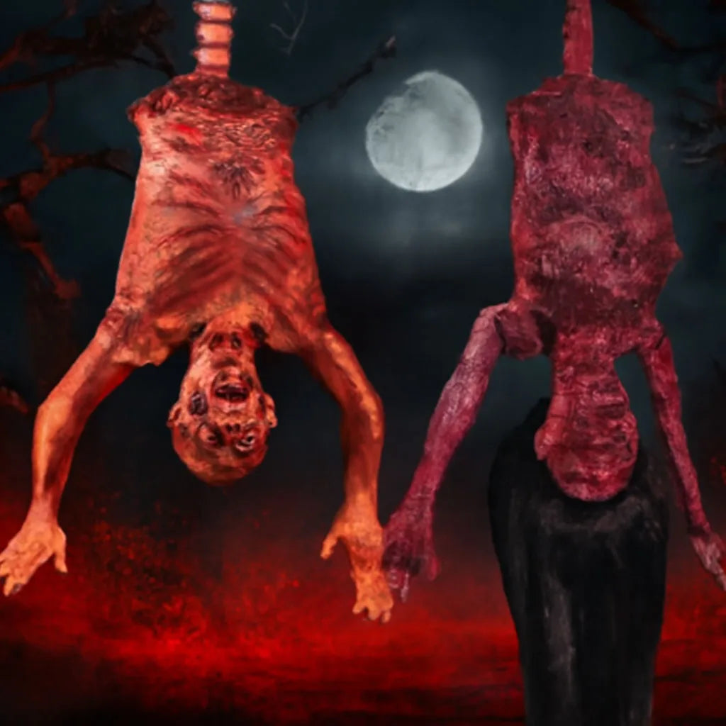 A prop depicting a hanging corpse with blood effects against a dark background and a moon.