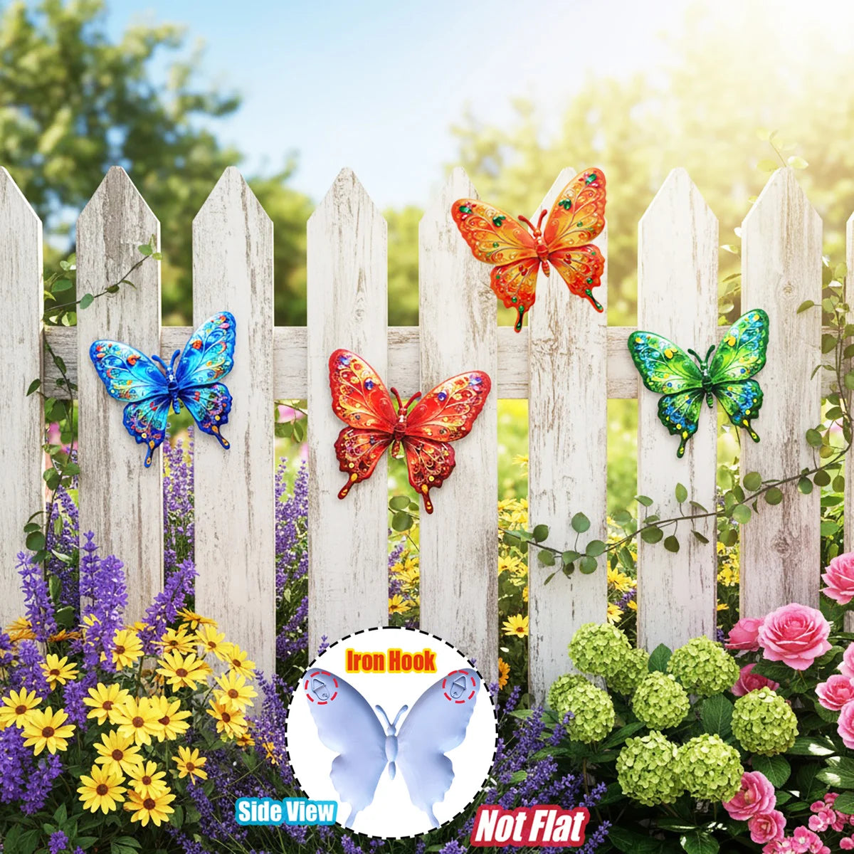 Set of four vibrant metal butterflies hanging on a white picket fence in a garden setting.