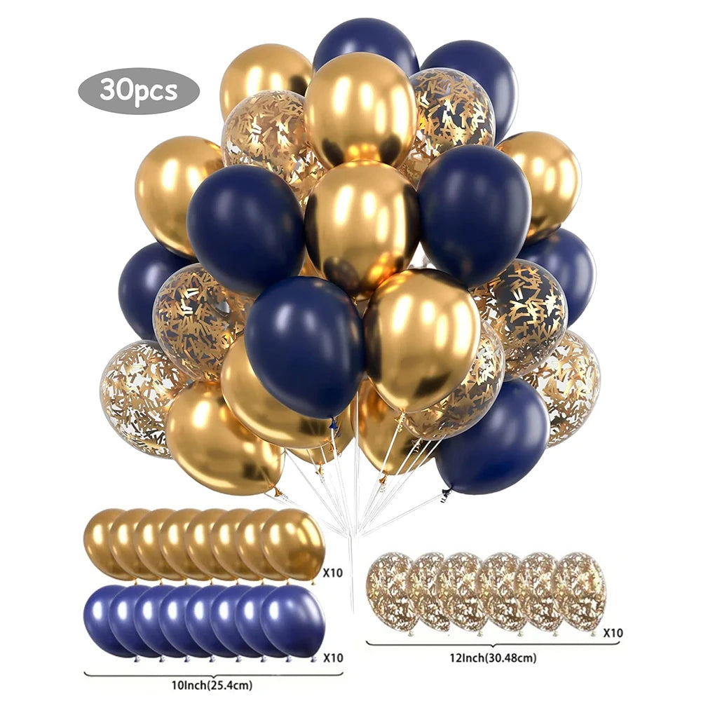 A bundle of 30 pearl and gold confetti balloons, including individual balloons and string bundles.