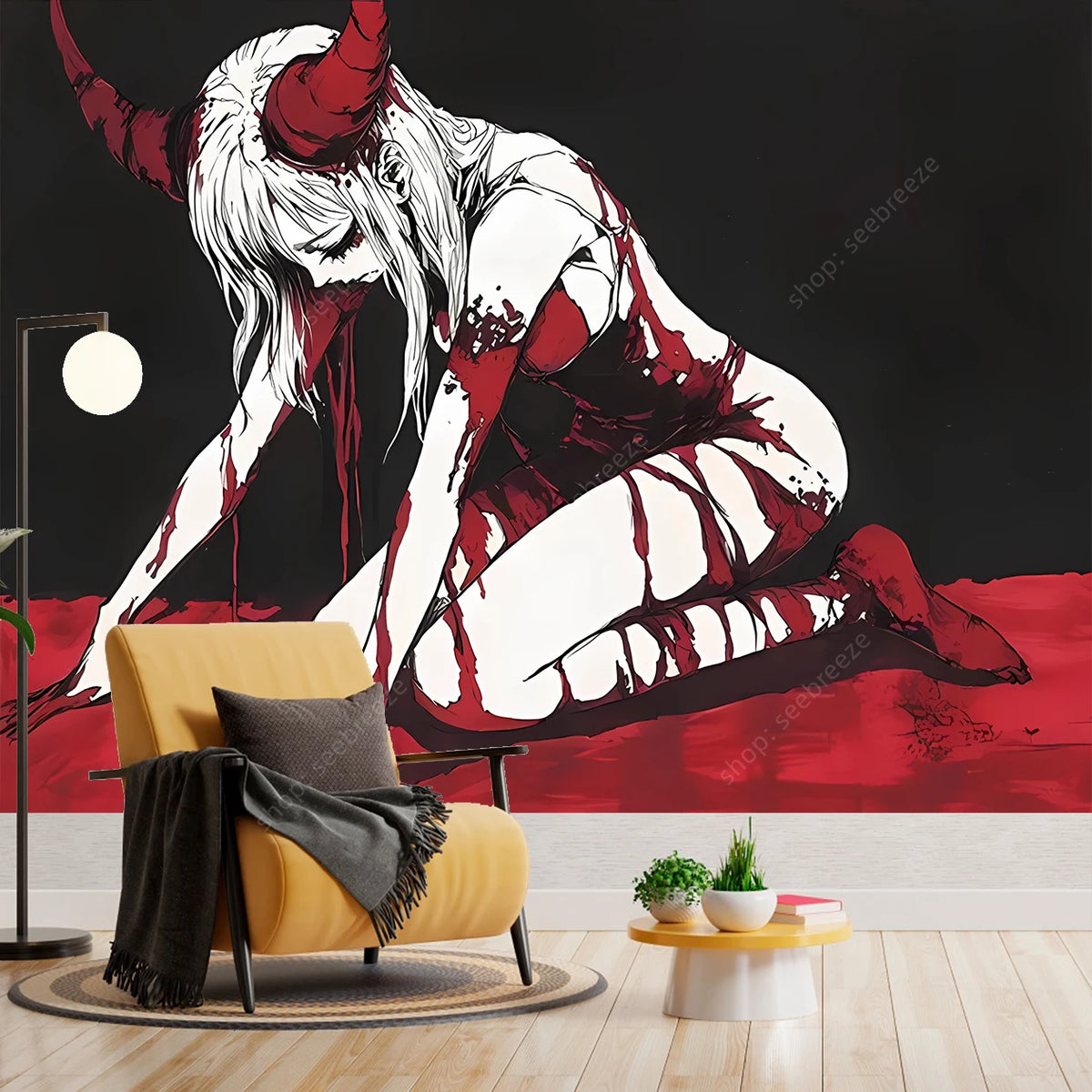 Gothic Vampire Woman Tapestry with Horns & Blood Stains