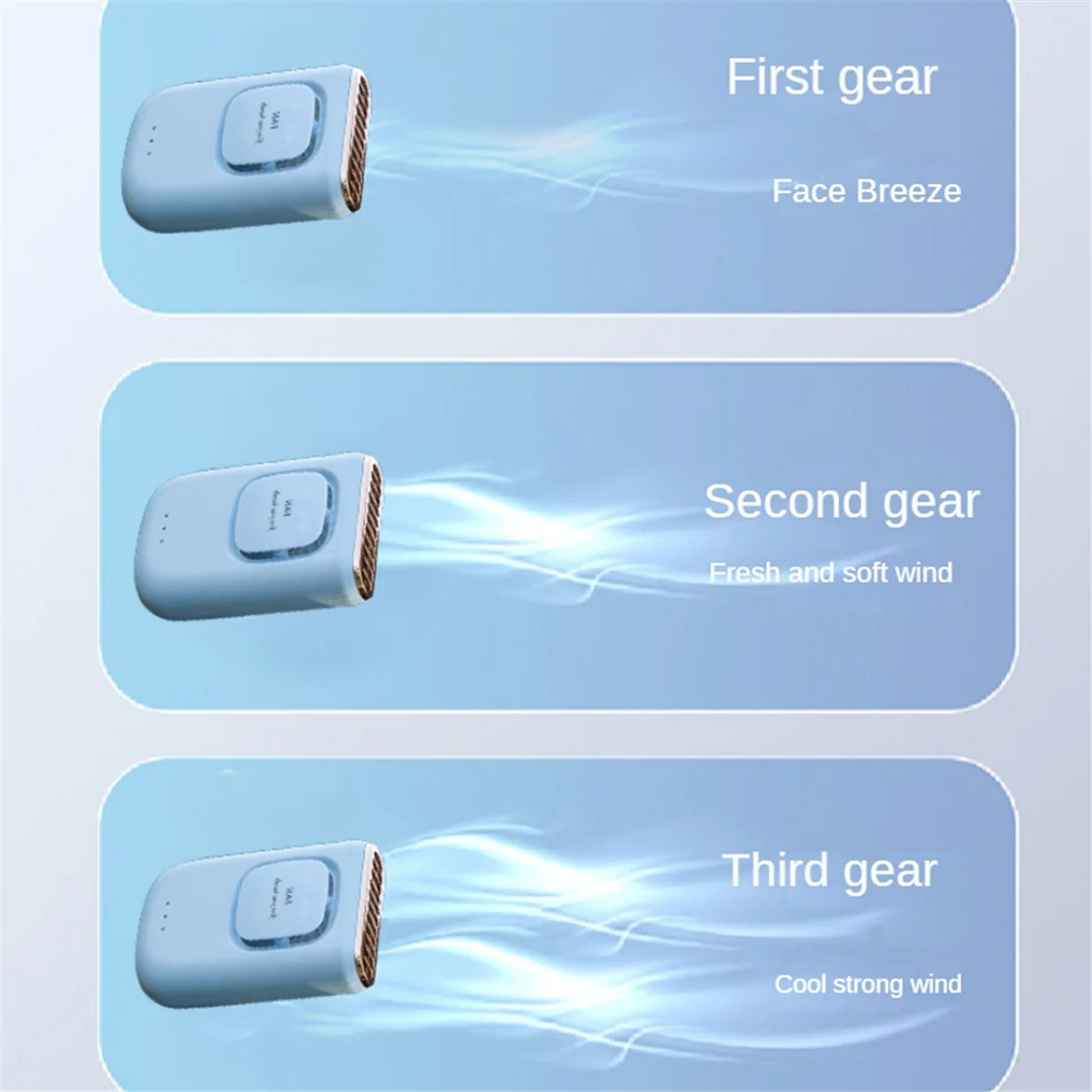 A portable multi-use cooling fan showing three gears with varying wind settings: First gear (Face Breeze), Second gear (Fresh
