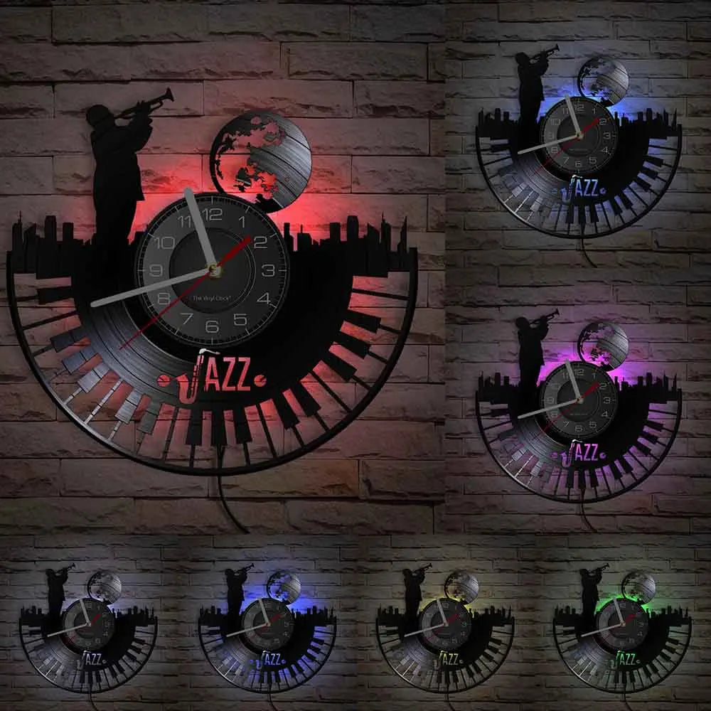 A collection of vintage vinyl record wall clocks featuring a dark face and a spinning record, displayed against a brick backg