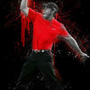 A man in a red shirt and black pants is shown mid-action, with red paint drips and splatters against a black background.