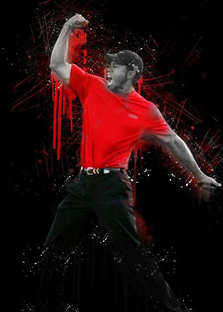 A man in a red shirt and black pants is shown mid-action, with red paint drips and splatters against a black background.