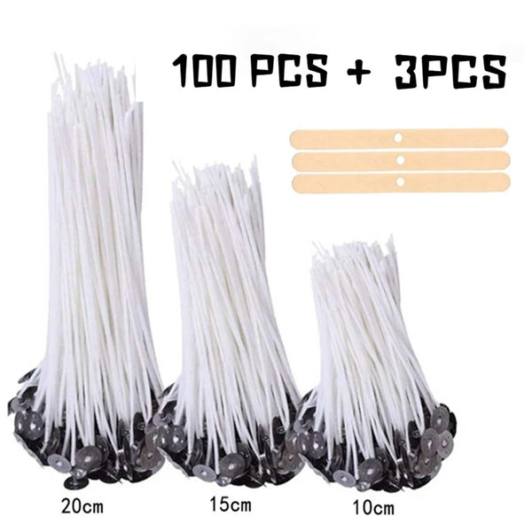 Pack of 100 plus 3 cotton candle wicks in various lengths for soy wax and essential oil burners