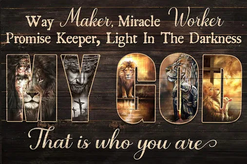 Wall art featuring a lion and warrior theme with inspirational text on a dark wooden background.