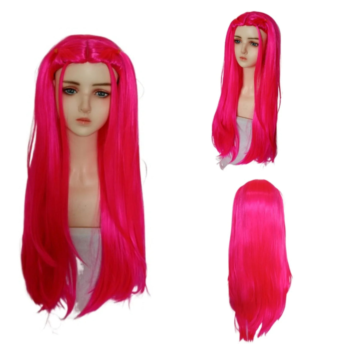 A vibrant pink long braid wig with a side ponytail shown on a mannequin head.