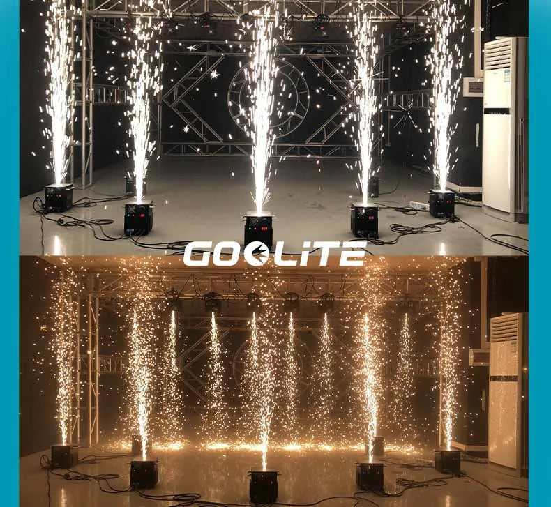 A display of golden sparks shooting into the air from multiple nozzles in a dark venue.