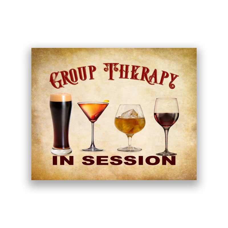 Vintage print featuring three glasses of alcoholic beverages in a group therapy session context.