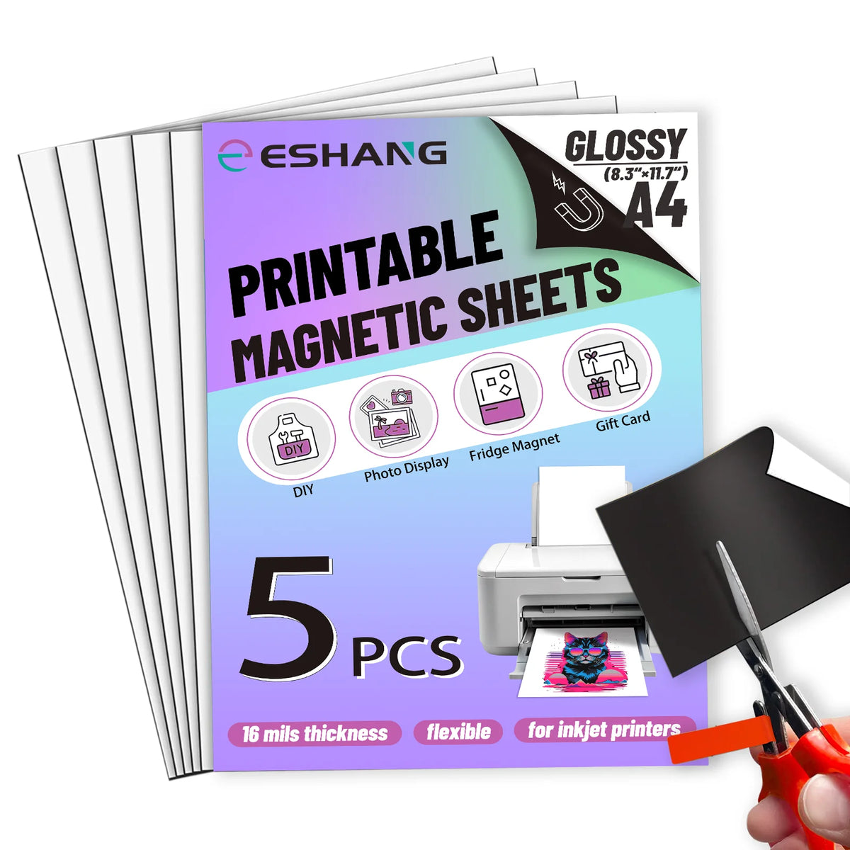 A stack of glossy A4 printable magnetic sheets for inkjet printers with various DIY and gift card examples.