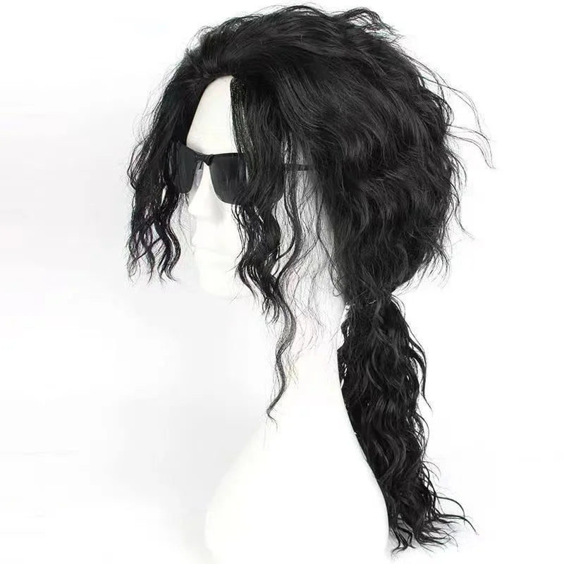 A black wig styled in a long braid is displayed on a mannequin.