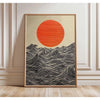 Abstract canvas wall art featuring a large orange sun above a black wavy landscape.