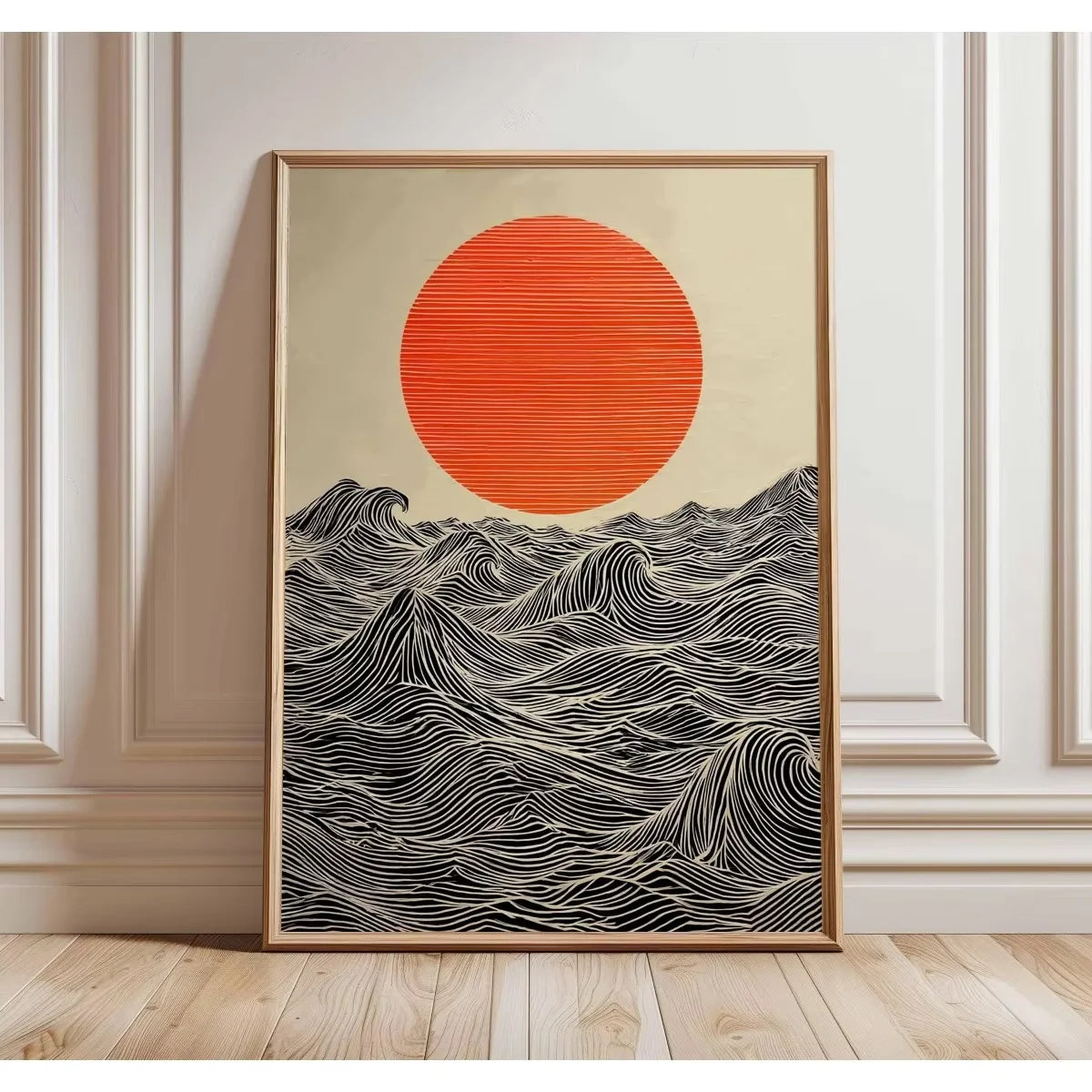 Abstract canvas wall art featuring a large orange sun above a black wavy landscape.