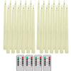 A set of six white flamed taper candles with remote controls and timers displayed in a row.