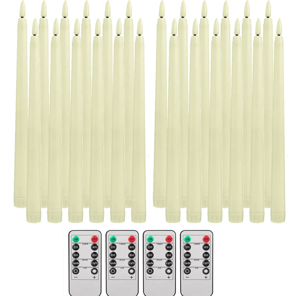 A set of six white flamed taper candles with remote controls and timers displayed in a row.