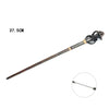 A long, dark wooden magic wand with an ornate metal handle and decorative accents.