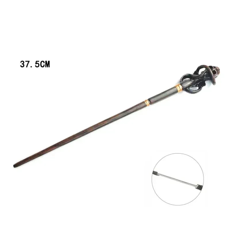 A long, dark wooden magic wand with an ornate metal handle and decorative accents.