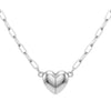 A silver heart pendant necklace with a chain and magnetic clasp.