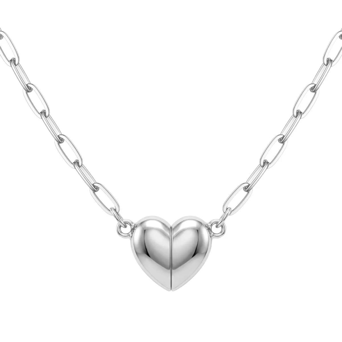 A silver heart pendant necklace with a chain and magnetic clasp.
