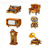 A collection of vintage-style miniature furniture and appliance models made from wooden building blocks.