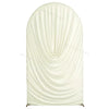 A cream-colored stretchy spandex arch cover draped in soft folds for weddings and events.