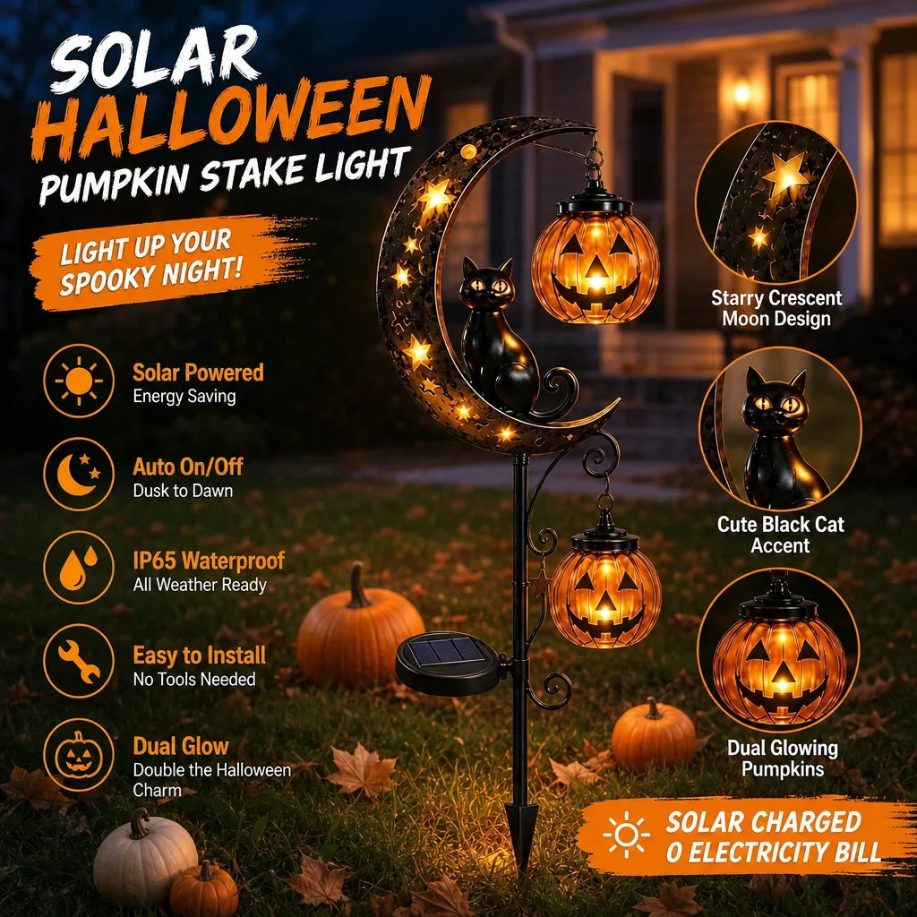 Solar Halloween pumpkin stake light featuring a moon and black cat design illuminating pumpkins.