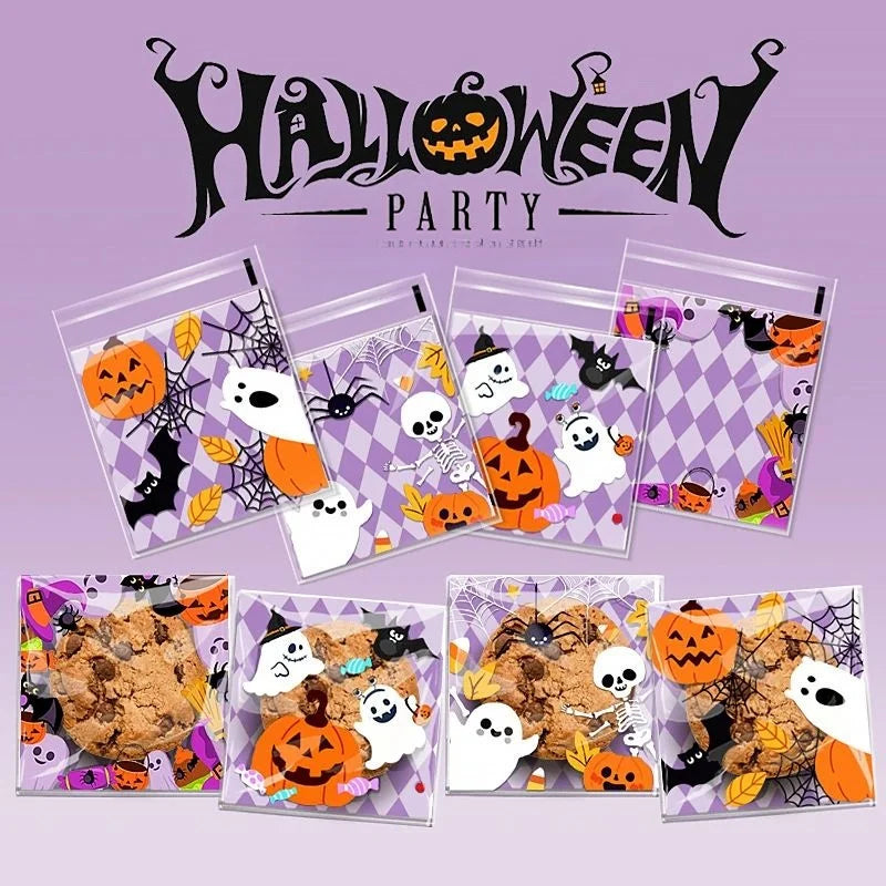 A collection of Halloween cellophane treat bags filled with various candies and treats, packaged in a purple and black theme.