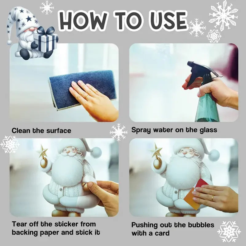 Instructions for using a Christmas squirrel static cling window decoration to clean glass and remove bubbles.
