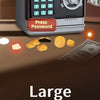 A digital piggy bank with a keypad and a large space, surrounded by gold coins and a banknote.